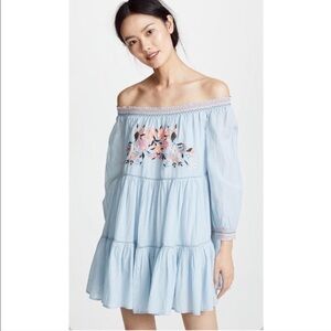 Free People Sunbeams Floral Embroidered Chambray Blue Mini Dress Bohemian
